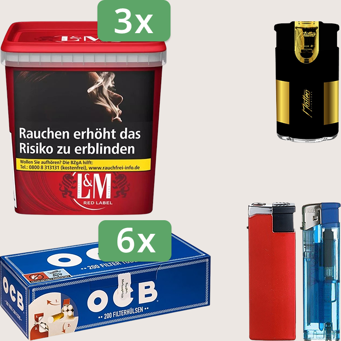 L&M Red 3 x 185 g Sparpaket mit 1.200 OCB Hülsen und Feuerzeugset