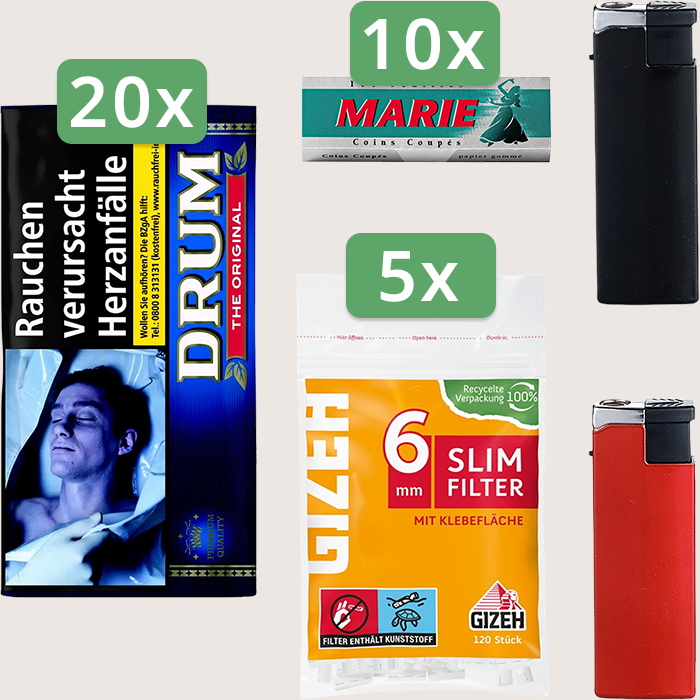 Drum Original 20 x 30 g Sparpaket mit 1.000 Marie Blättchen und 600 Gizeh Slim Filter 6 mm