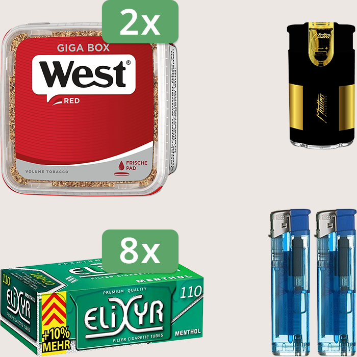 West Red 2 x 265 g Sparpaket mit 880 Elixyr Energy Plus Menthol Hülsen und Feuerzeugset