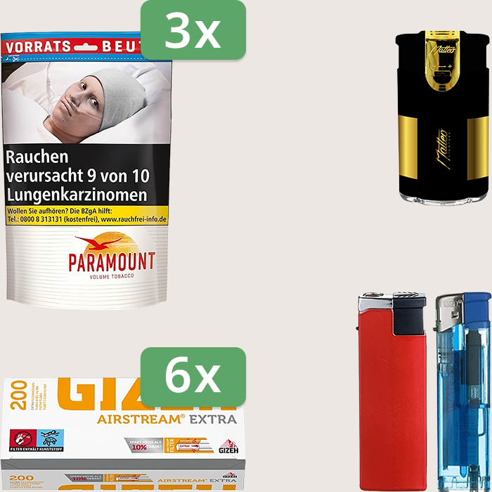Paramount 3 x 185 g mit 1.200 Gizeh Airstream Extra Hülsen und Feuerzeugset