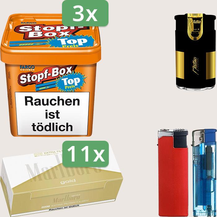 Fargo Stopfbox 3 x 400 g Sparpaket mit 2.750 Marlboro Gold Extra Hülsen und Feuerzeugset