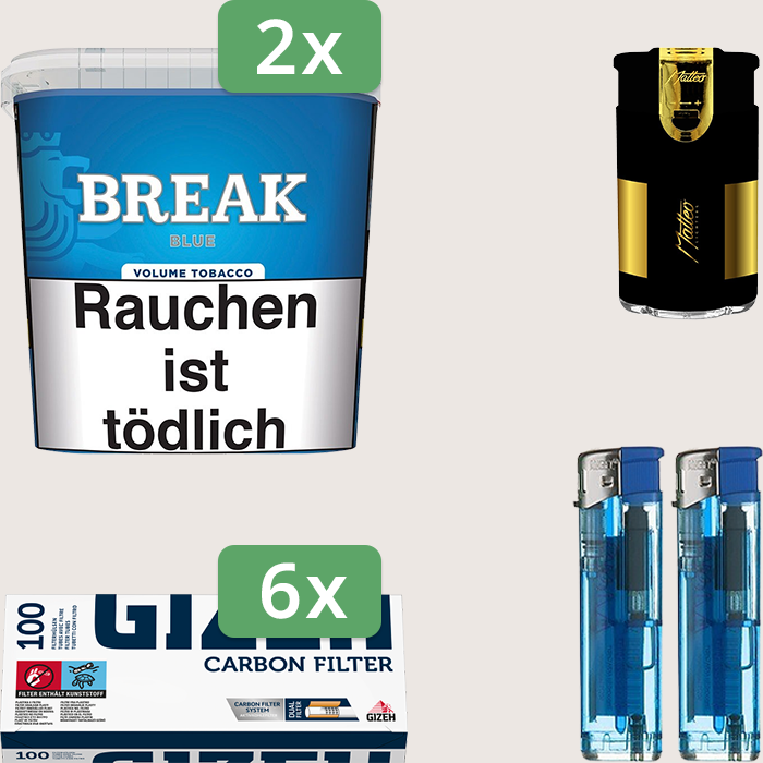 Break Blue 2 x 185 g Sparpaket mit 600 Gizeh Carbon Hülsen und Feuerzeugset