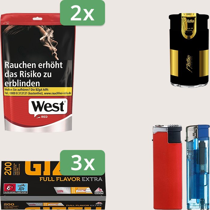 West Red 2 x 137 g Sparpaket mit 600 Gizeh Full Flavor Extra Hülsen und Feuerzeugset
