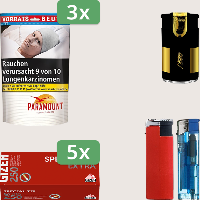 Paramount 3 x 185 g mit 1.250 Gizeh Special Tip Extra Hülsen und Feuerzeugset
