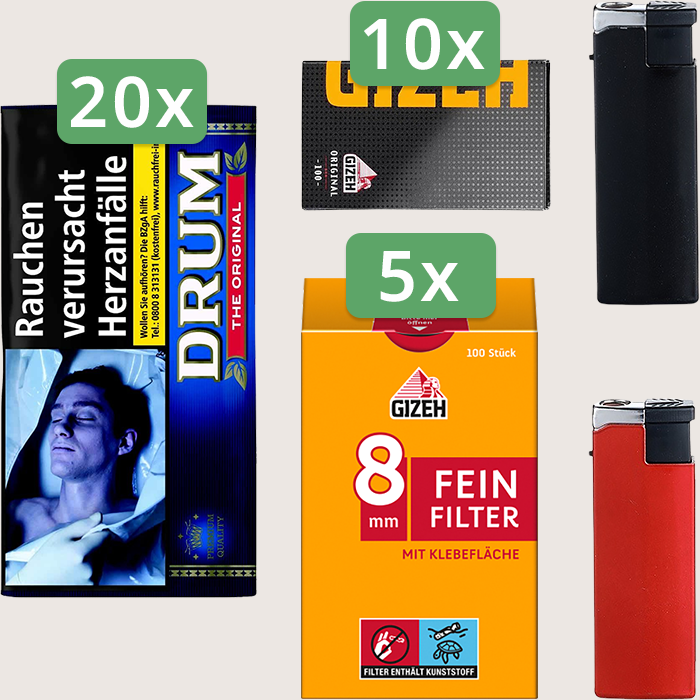Drum Original 20 x 30 g Sparpaket mit 1.000 Gizeh Black Original Magnet Blättchen und 500 Gizeh Feinfilter 8 mm