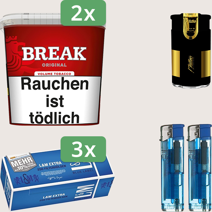 Break Original 2 x 185 g Sparpaket mit 750 L&M Extra Blue Label Hülsen und Feuerzeugset