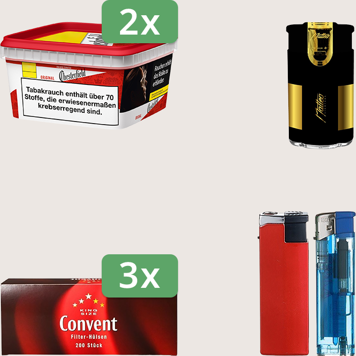 Chesterfield Original Red 2 x 144 g Sparpaket mit 600 Convent Hülsen und Feuerzeugset