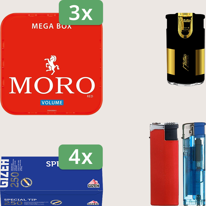 Moro Red 3 x 155 g Sparpaket mit 1.000 Gizeh Special Tip Hülsen und Feuerzeugset