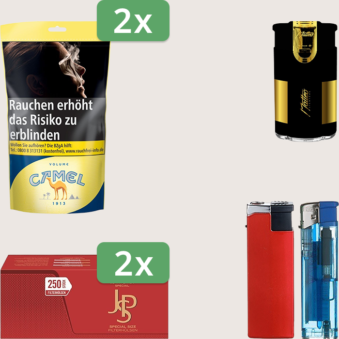 Camel Yellow 2 x 102 g Sparpaket mit 500 JPS Red Special Hülsen und Feuerzeugset