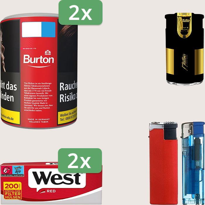 Burton Full Red 2 x 65 g Sparpaket mit 400 West Red Hülsen und Feuerzeugset