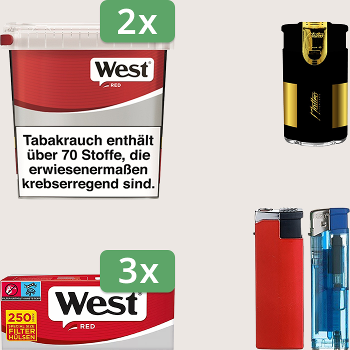 West Red 2 x 170 g Sparpaket mit 750 West Red Special Hülsen und Feuerzeugset