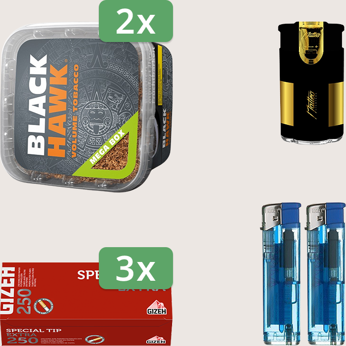 Black Hawk 2 x 230 g Sparpaket mit 750 Gizeh Special Tip Extra Hülsen und Feuerzeugset