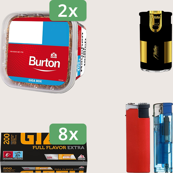 Burton Full Red 2 x 400 g Sparpaket mit 1.600 Gizeh Full Flavor Hülsen und Feuerzeugset