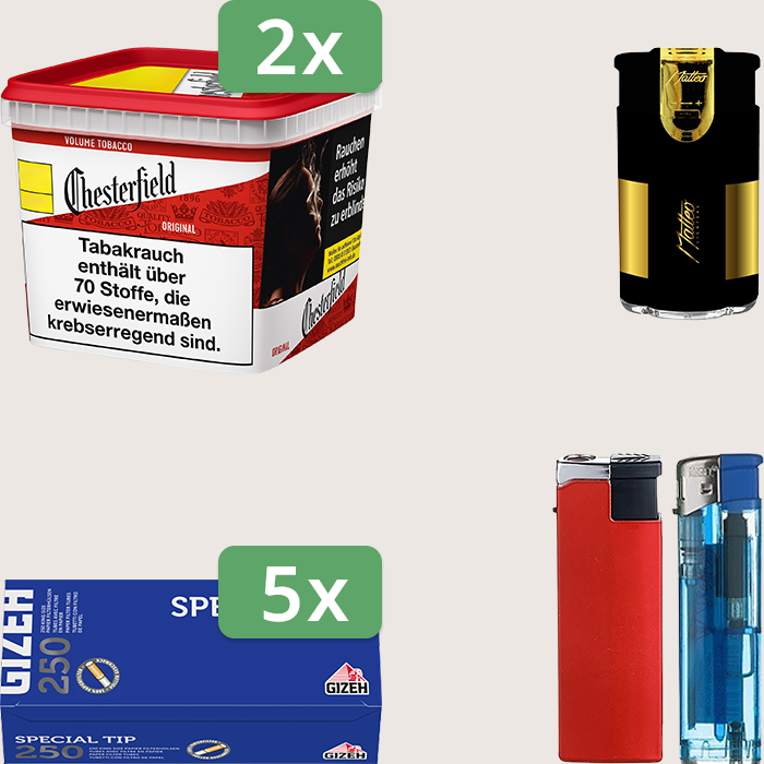 Chesterfield Original Red 2 x 245 g Sparpaket mit 1.250 Gizeh Special Tip Hülsen und Feuerzeugset