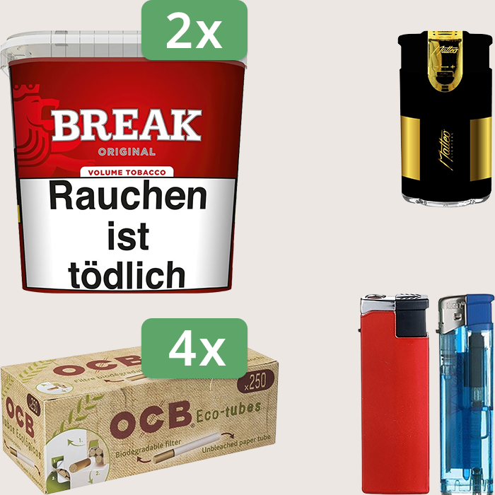 Break Original 2 x 195 g Sparpaket mit 1.000 OCB Organic Hülsen und Feuerzeugset