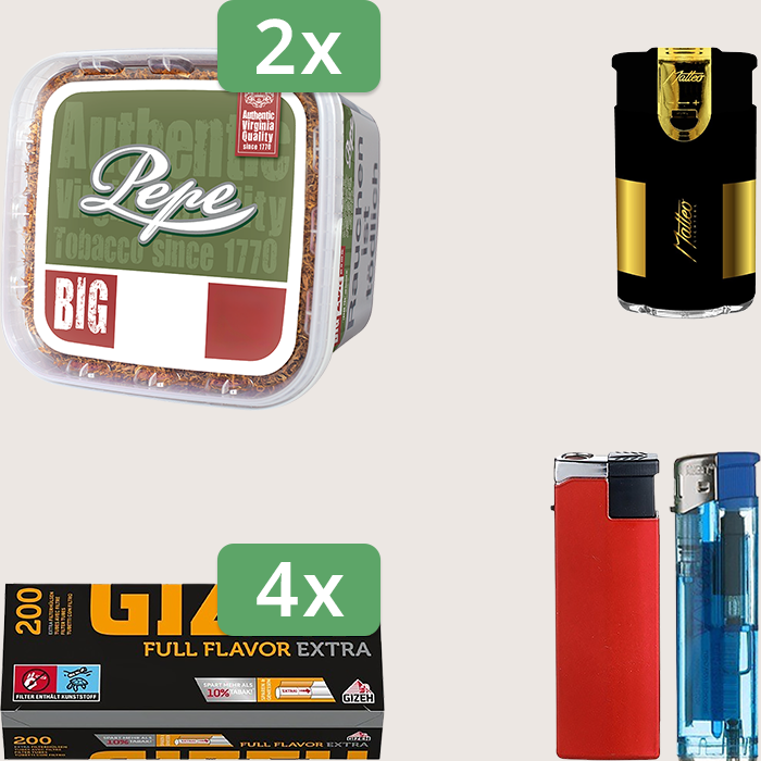 Pepe Rich Green 2 x 170 g Sparpaket mit 800 Gizeh Full Flavor Hülsen und Feuerzeugset