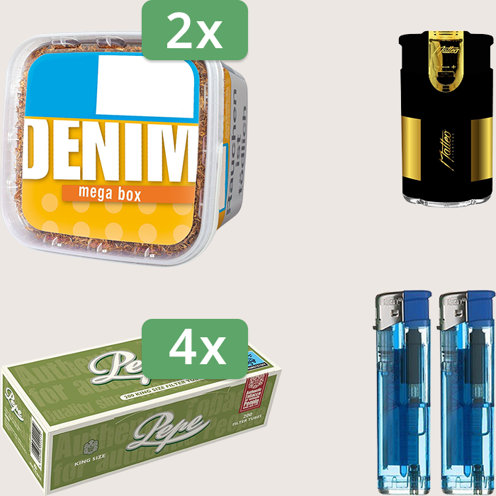 Denim Classic 2 x 210 g Sparpaket mit 800 Pepe Hülsen und Feuerzeugset