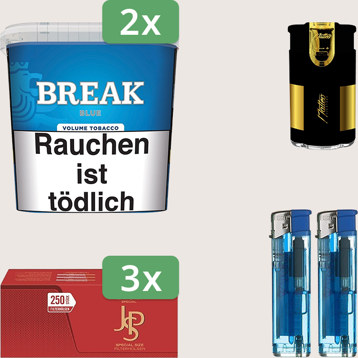 Break Blue 2 x 185 g Sparpaket mit 750 JPS Red Special Hülsen und Feuerzeugset