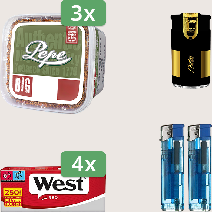 Pepe Rich Green 3 x 170 g Sparpaket mit 1.000 West Red Special Hülsen und Feuerzeugset