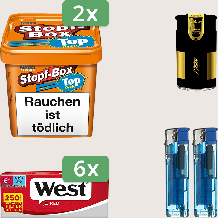 Fargo Stopfbox 2 x 400 g Sparpaket mit 1.500 West Red Special Size Hülsen und Feuerzeugset