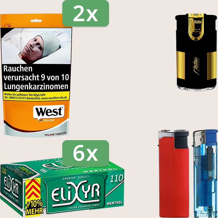 West Yellow 2 x 155 g Sparpaket mit 660 Elixyr Energy+ Menthol Hülsen und Feuerzeugset
