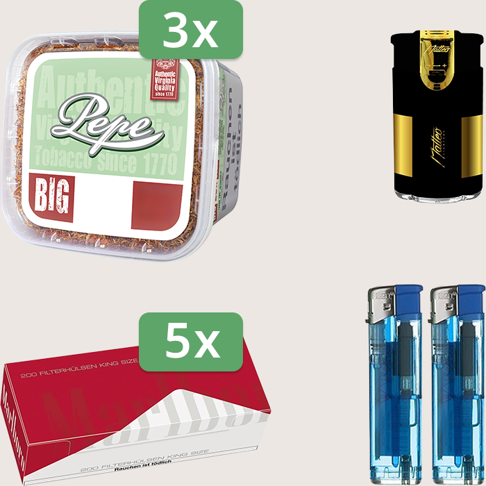 Pepe Bright Green 3 x 170 g Sparpaket mit 1.000 Marlboro Red Hülsen und Feuerzeugset