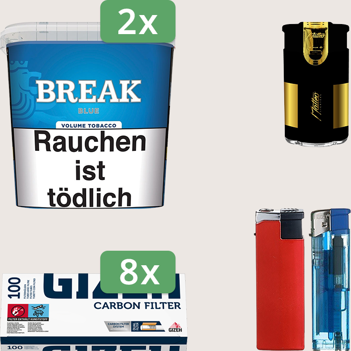 Break Blue 2 x 195 g Sparpaket mit 800 Gizeh Carbon Hülsen und Feuerzeugset