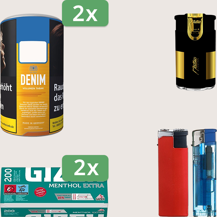 Denim Classic 2 x 90 g Sparpaket mit 400 Gizeh Menthol Extra Hülsen und Feuerzeugset