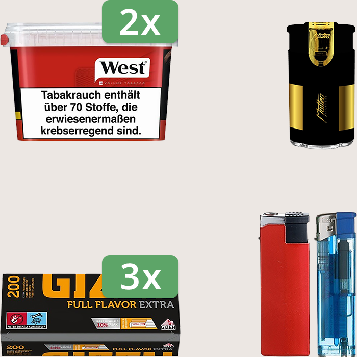 West Red 2 x 115 g Sparpaket mit 600 Gizeh Full Flavor Extra Hülsen und Feuerzeugset