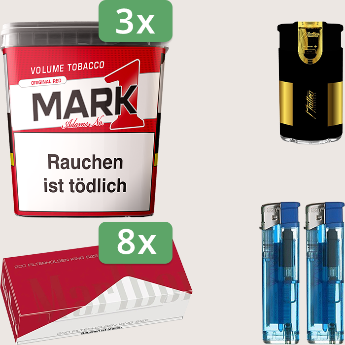 Mark 1 Original Red 3 x 320 g Sparpaket mit 1.600 Marlboro Red Hülsen und Feuerzeugset