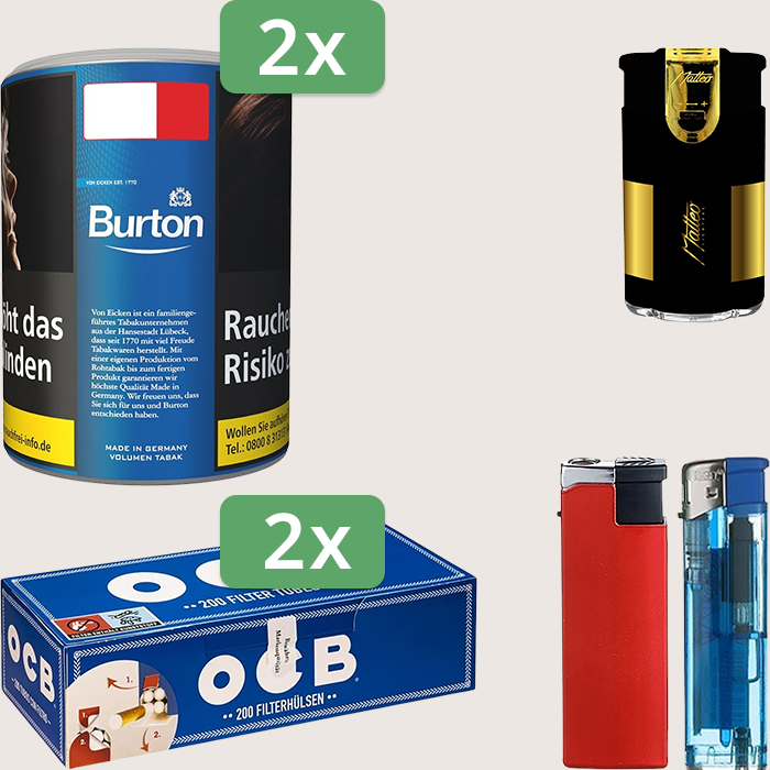Burton Blue 2 x 65 g Sparpaket mit 400 OCB Hülsen und Feuerzeugset