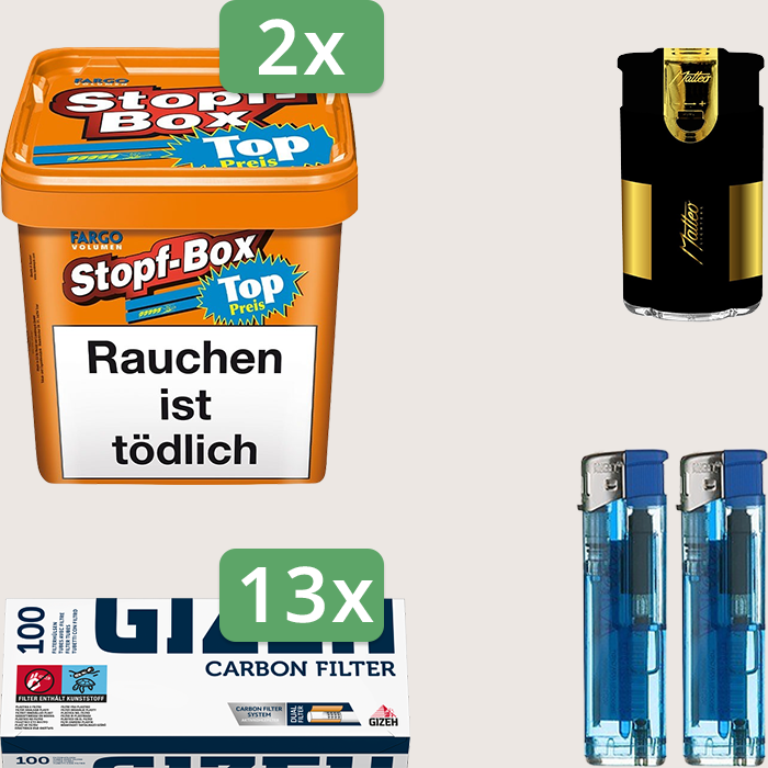 Fargo Stopfbox 2 x 400 g Sparpaket mit 1.300 Gizeh Carbon Hülsen und Feuerzeugset
