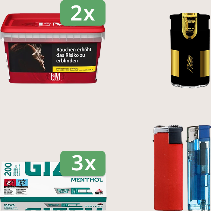L&M Red 2 x 129 g Sparpaket mit 600 Gizeh Menthol Hülsen und Feuerzeugset