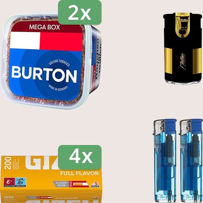 Burton Blue 2 x 250 g Sparpaket mit 800 Gizeh Full Flavor Hülsen und Feuerzeugset