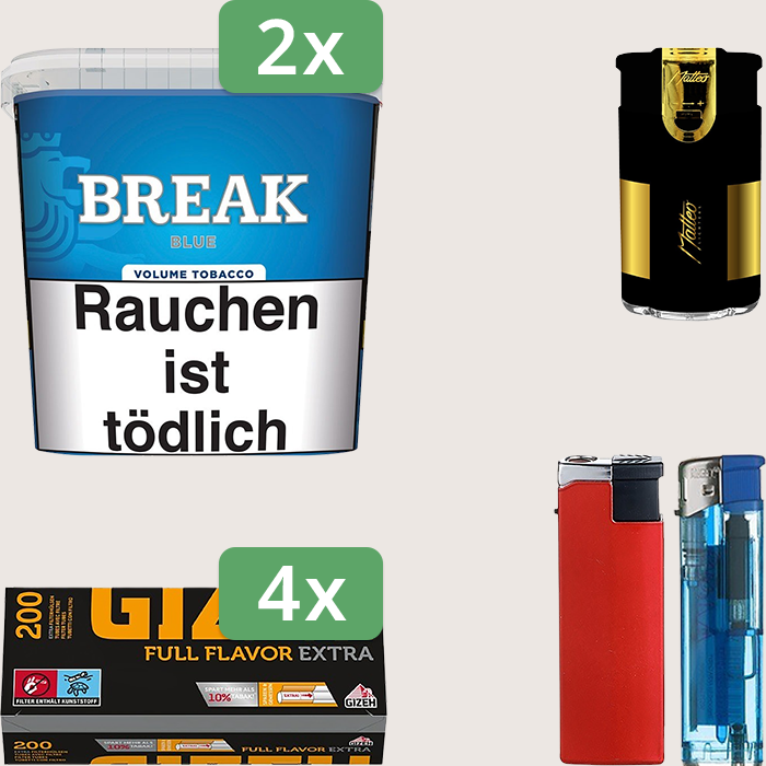 Break Blue 2 x 195 g Sparpaket mit 800 Gizeh Full Flavor Extra Hülsen und Feuerzeugset