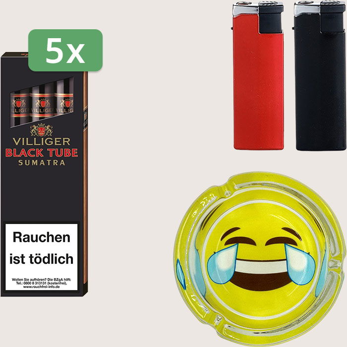 Villiger Black Tube Sumatra 5 x 7,55 € Sparpaket mit 15 Zigarillos, Aschenbecher und Feuerzeugset