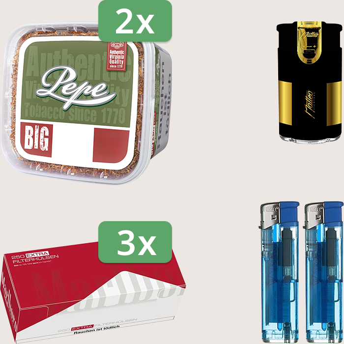 Pepe Rich Green 2 x 170 g Sparpaket mit 750 Marlboro Red Extra Hülsen und Feuerzeugset Pepe Rich Green 2 x 170 g Sparpaket mit 750 Marlboro Red Extra Hülsen und Feuerzeugset
