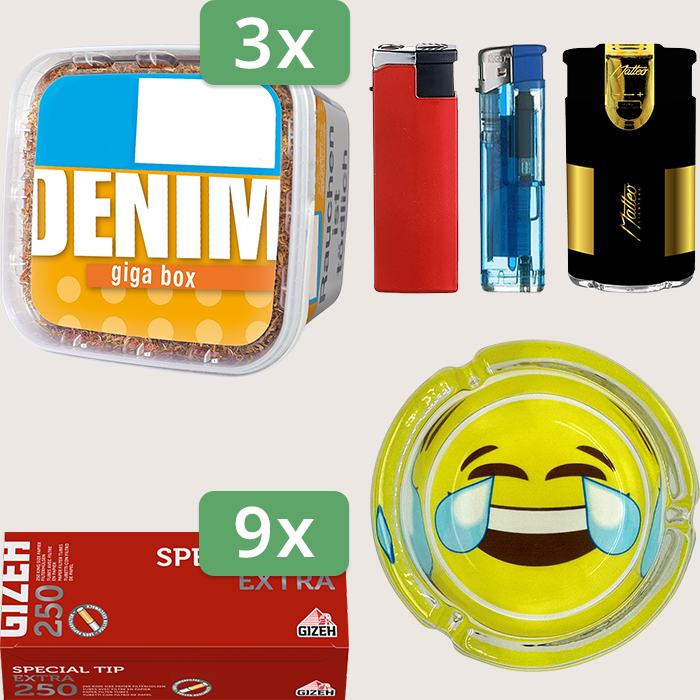 Denim Classic 3 x 315 g Sparpaket mit 2.250 Gizeh Special Tip Extra Hülsen und Aschenbecher