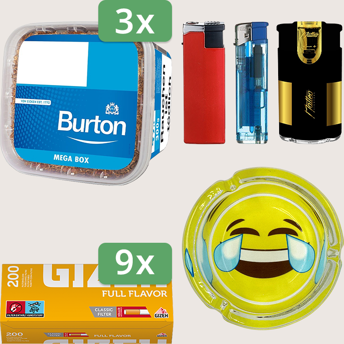 Burton Blue 3 x 250 g Sparpaket mit 1.800 Gizeh Full Flavor Hülsen, Aschenbecher und Feuerzeugset