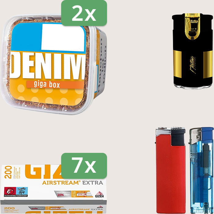Denim Classic 2 x 330 g Sparpaket mit 1.400 Gizeh Airstream Extra Hülsen und Feuerzeugset