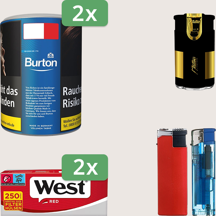 Burton Blue 2 x 65 g Sparpaket mit 500 West Red Special Hülsen und Feuerzeugset
