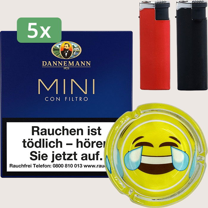 Dannemann Mini con Filtro 5 x 7,85 € Sparpaket mit 100 Zigarillos, Aschenbecher und Feuerzeugset