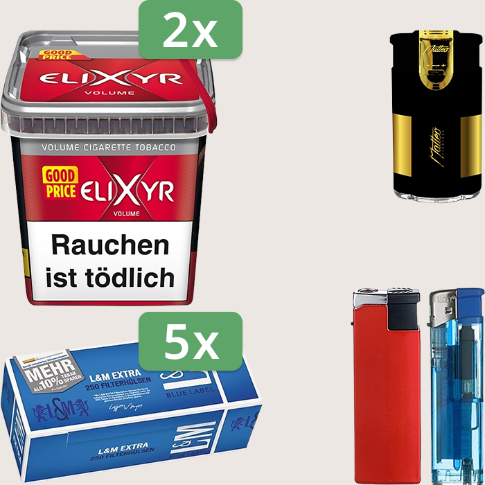 Elixyr Red 2 x 245 g Sparpaket mit 1.250 L&M Extra Blue Label Hülsen und Feuerzeugset