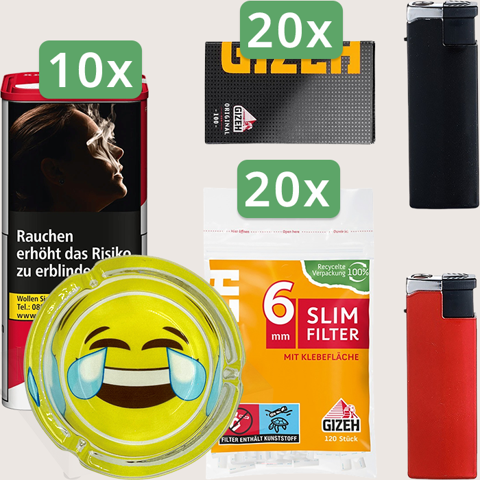 Marlboro Premium Red 10 x 155 g Sparpaket mit 2.000 Gizeh Black Original Magnet Blättchen, 2.400 Gizeh Slim Filter 6 mm und Aschenbecher