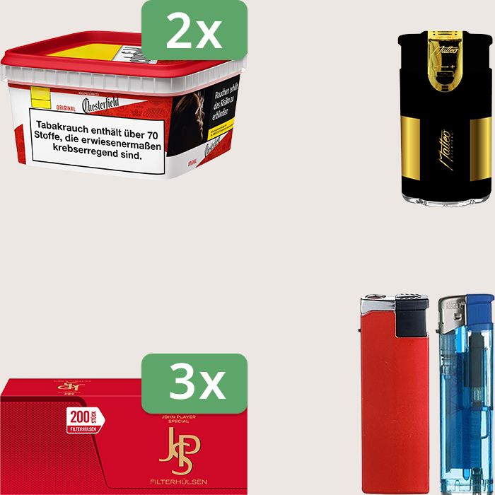 Chesterfield Original Red 2 x 144 g Sparpaket mit 600 JPS Red Hülsen und Feuerzeugset