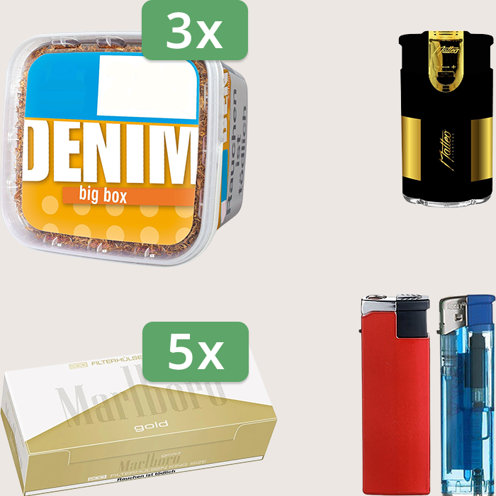 Denim Classic 3 x 160 g mit 1.000 Marlboro Gold Hülsen und Elektrofeuerzeug Denim Classic 3 x 160 g mit 1.000 Marlboro Gold Hülsen und Elektrofeuerzeug