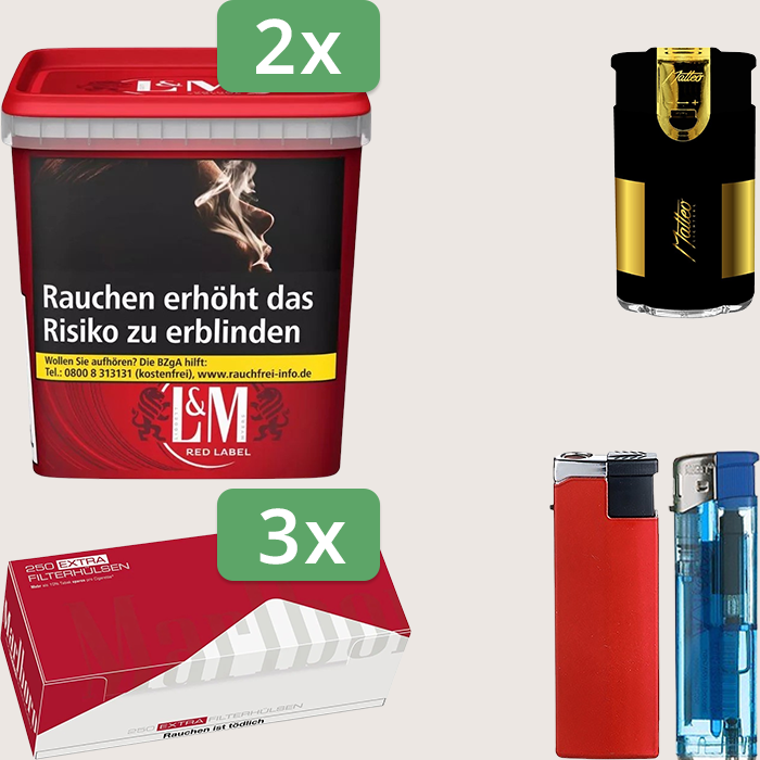 L&M Red 2 x 185 g Sparpaket mit 750 Marlboro Red Extra Hülsen und Feuerzeugset