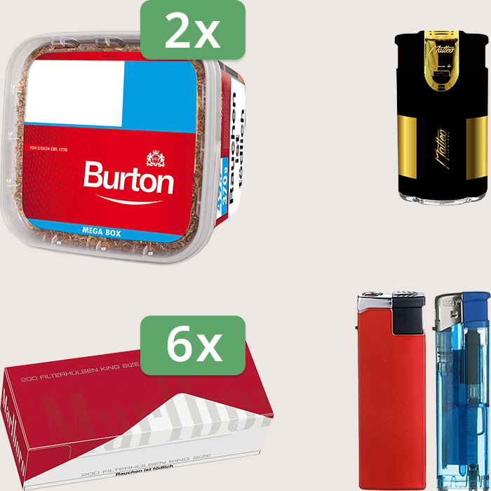 Burton Full Red 2 x 270 g mit 1.200 Marlboro Red Hülsen und Elektrofeuerzeug