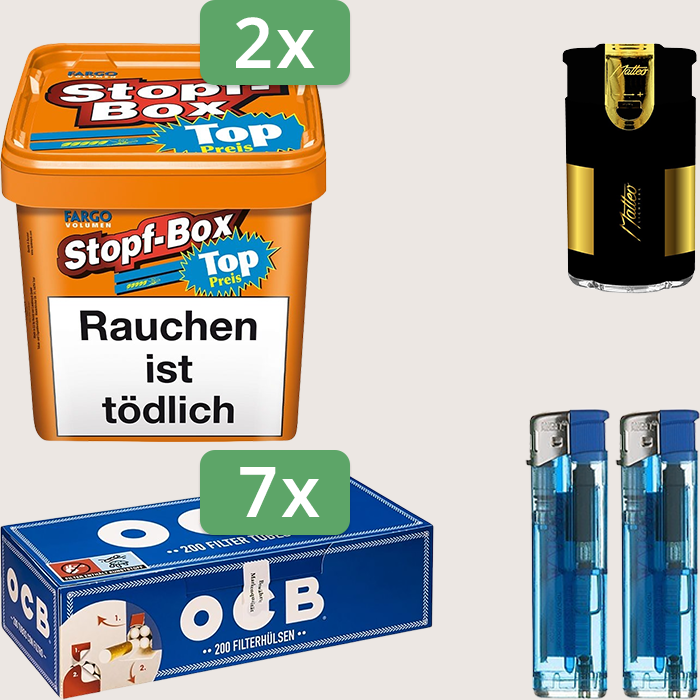 Fargo Stopfbox 2 x 400 g Sparpaket mit 1.400 OCB Hülsen und Feuerzeugset