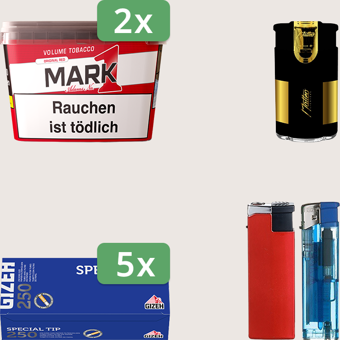 Mark 1 - 2 x 255 g Sparpaket mit 1.250 Gizeh Special Tip Hülsen und Feuerzeugset